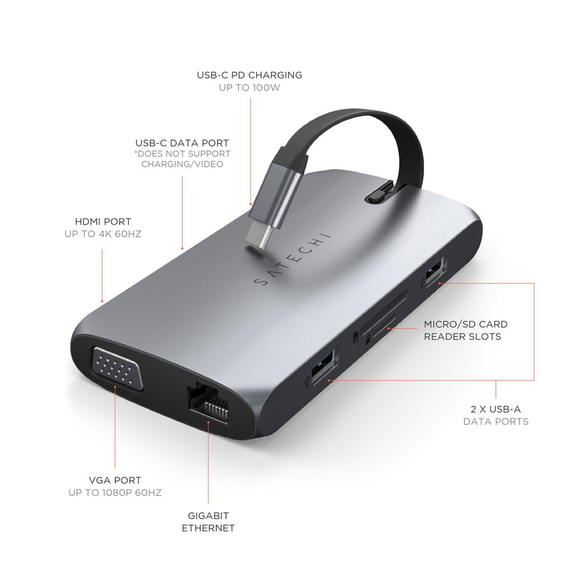 SATECHI OntheGo™ 7 in 1 USB-C Hub, Compacte Magnetische Multiport Adapter, 100W PD, HDMI 4K@60Hz, Gigabit Ethernet, 2x USB-A 5Gbps, SD en microSD Kaartlezer, Spiraalkabel, voor Mac en Windows