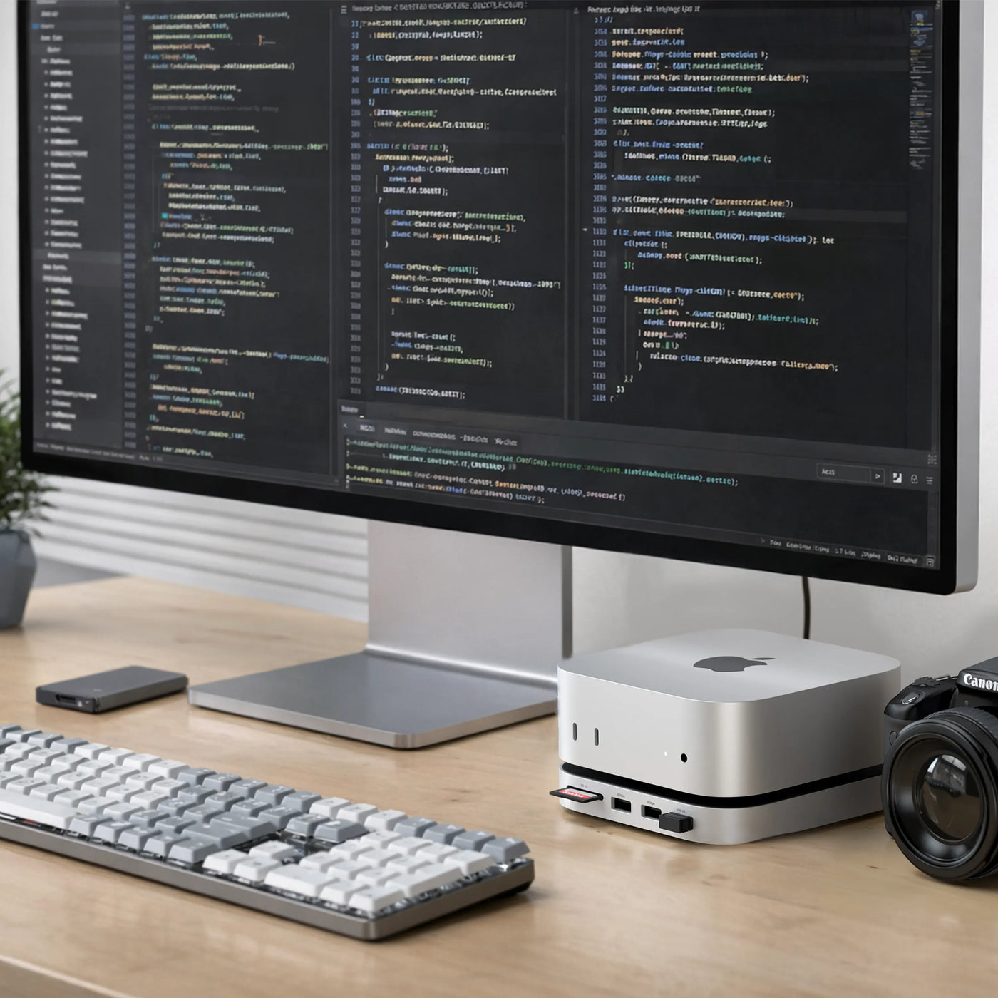 The Satechi Mac Mini M4 Stand & Hub with SSD Enclosure connected to the Mac Mini, supporting port expansion and optimizing AI systems. 