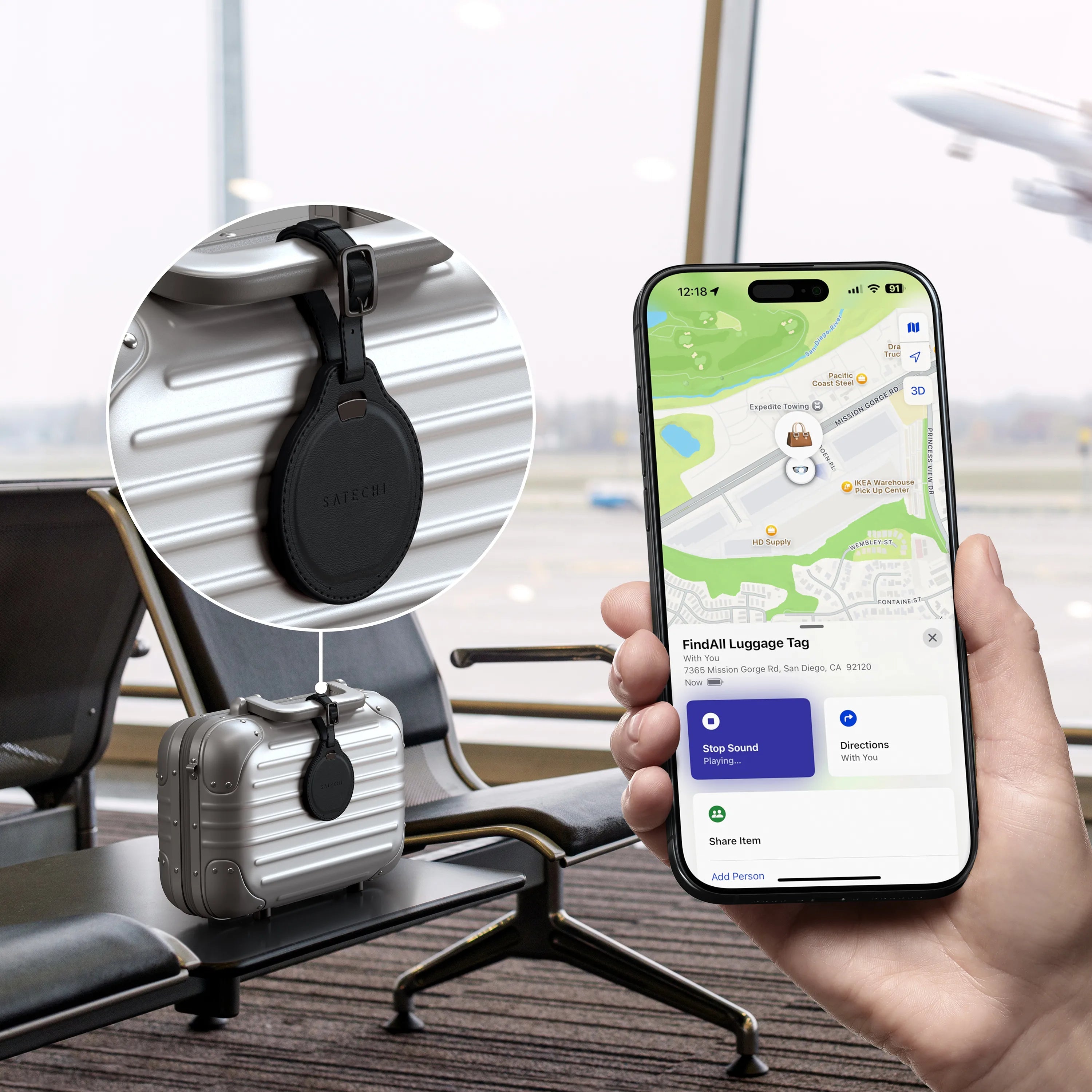 A person locating their suitcase with a Satechi Vegan-Leather FindAll™ Luggage Tag attached, while tracking its location on an iPhone screen.