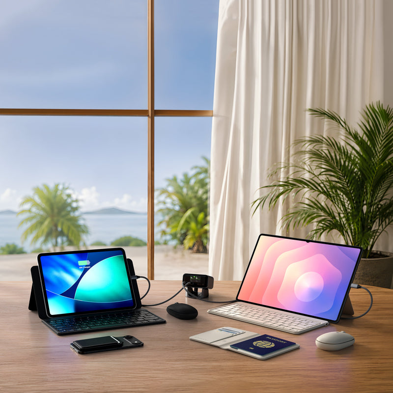 Satechi travel tech accessories in a dual-iPad workspace with 2 OntheGo Bluetooth Keyboard with Stand and ChargeView 140W Desktop Charger, OntheGo™ Bluetooth Mouse, and Vegan-Leather FindAll Passport Cover.