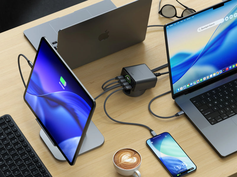 Satechi Thunderbolt 5 CubeDock™ with SSD enclosure, Slim EX3 wireless keyboard, and Slim EX wireless mouse in a modern dual‑monitor desk setup.