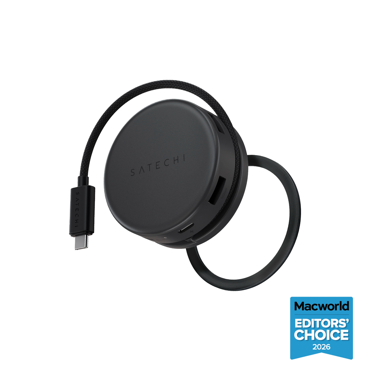 Satechi OntheGo 7-in-1 Multiport Adapter with its wrap-around USB-C cable and magnetic ring. Macworlds's Editors' Choice  2026 badge is present in the right corner.