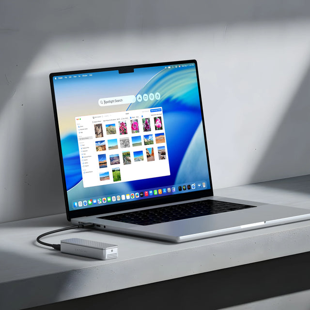 Silver Satechi DotDisk NVMe SSD enclosure connected via a braided USB-C cable to a silver MacBook on a white surface, the laptop screen showing the macOS desktop with a "Spotlight Search" bar and a Photos window displaying a grid of image thumbnails.
