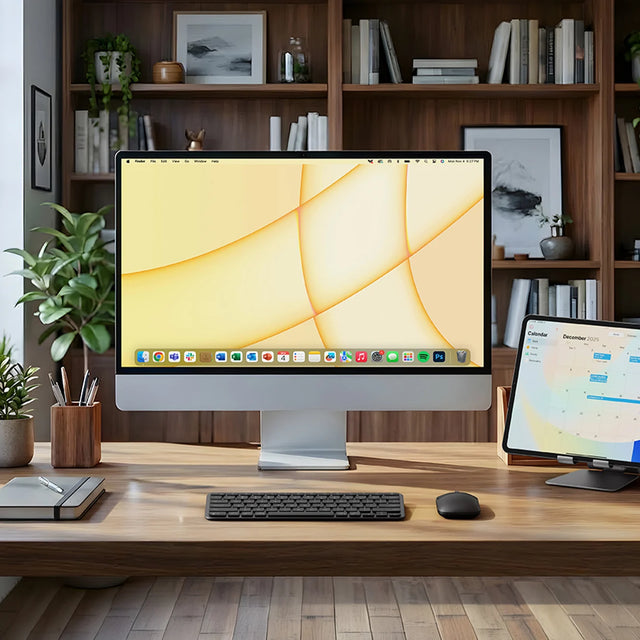 Modern office desk setup with iMac and iPad, both connected wirelessly to the Slim EX Wireless Mouse and Slim EX1 Wireless Keyboard.
