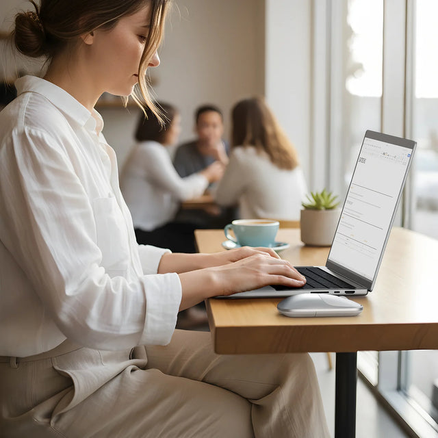 Woman using a laptop at a table with her Slim EX Wireless Mouse in a public cafe.