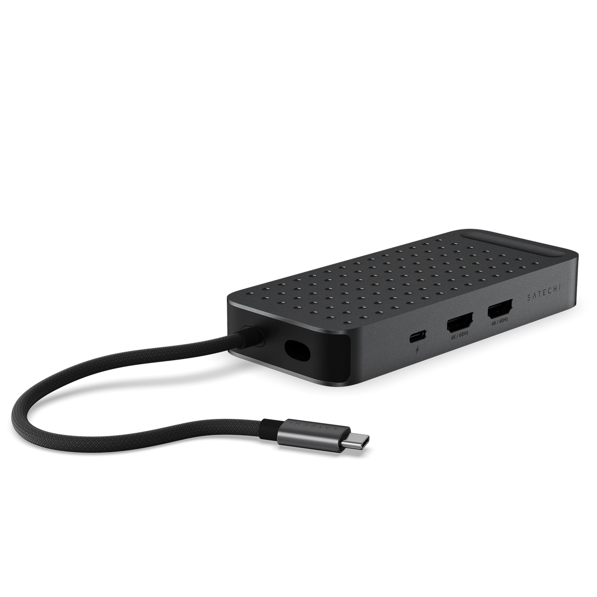 USB-C to dual HDMI adapter with its braided USB4 host cable extended, showing the cable slot, USB-C Power Delivery port and two HDMI ports.