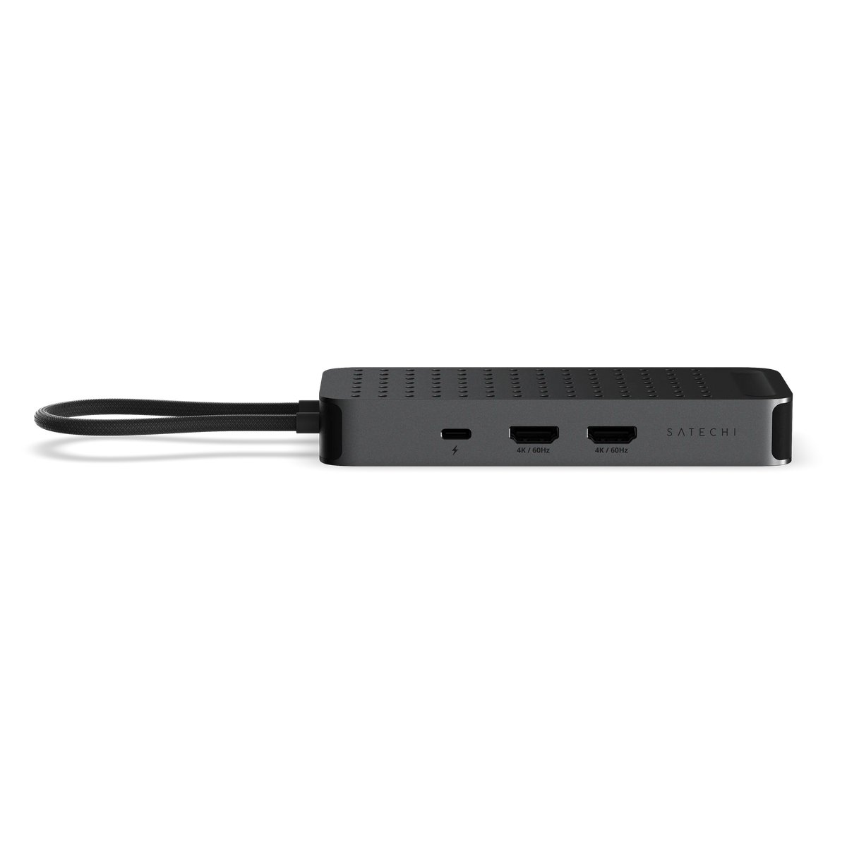 Side view of the ExtendView multiport adapter showing the USB-C Power Delivery port and two 4K HDMI ports, with the host cable extended.