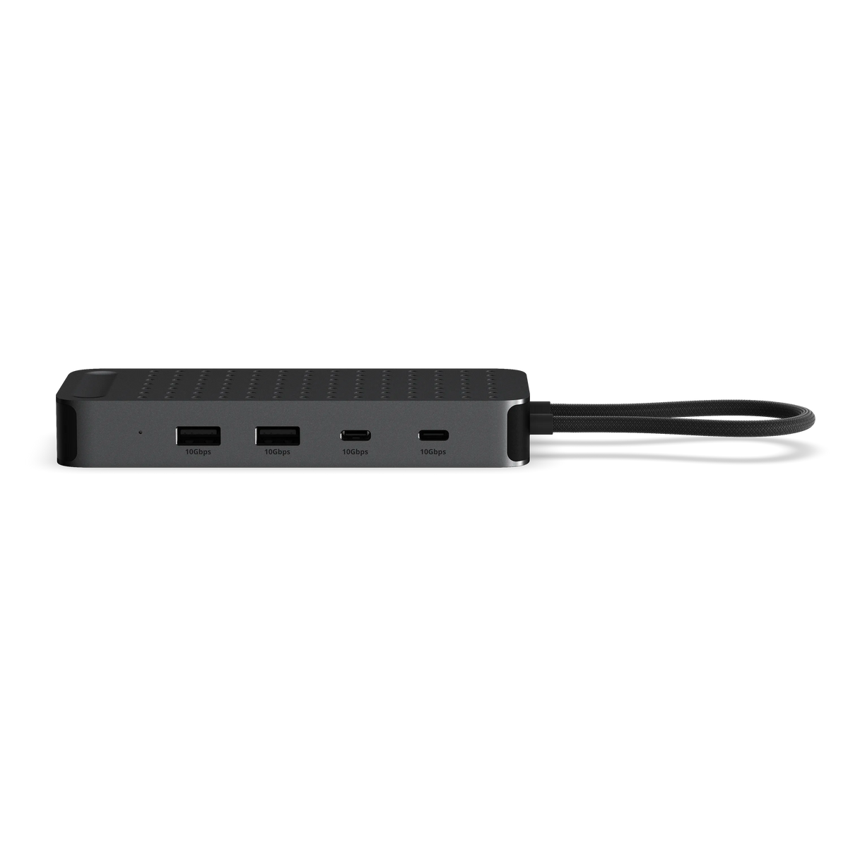 Side view of the ExtendView USB4 multiport adapter showing two USB-A and two USB-C 10Gbps data ports, with the host cable extended.