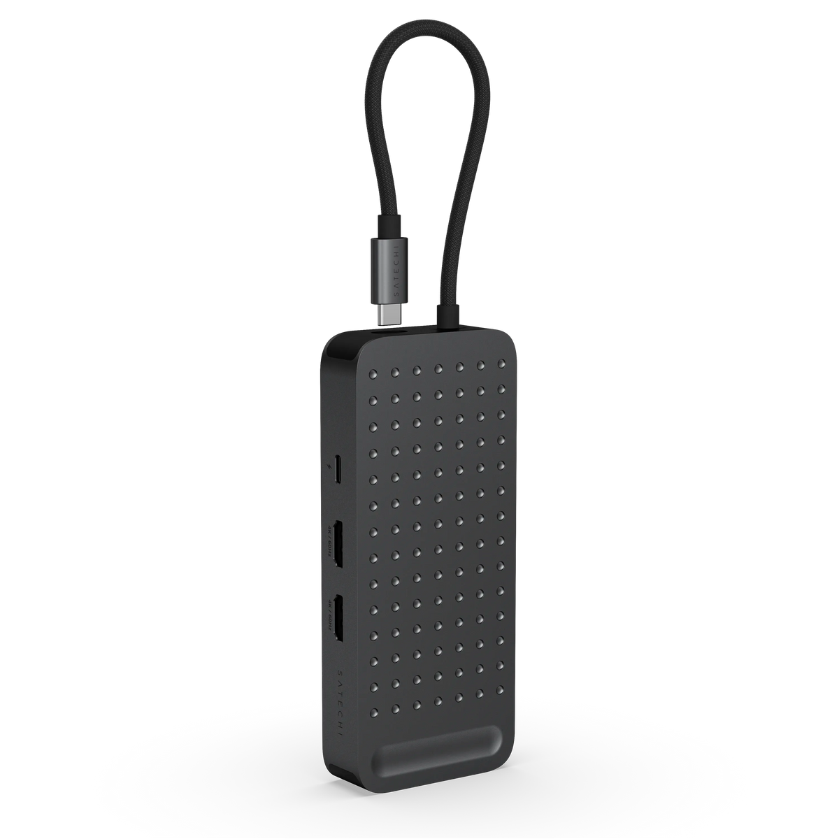 ExtendView USB4 Dual HDMI Multiport Adapter standing upright with its braided USB-C host cable looped over the top, showing the textured dot finish.