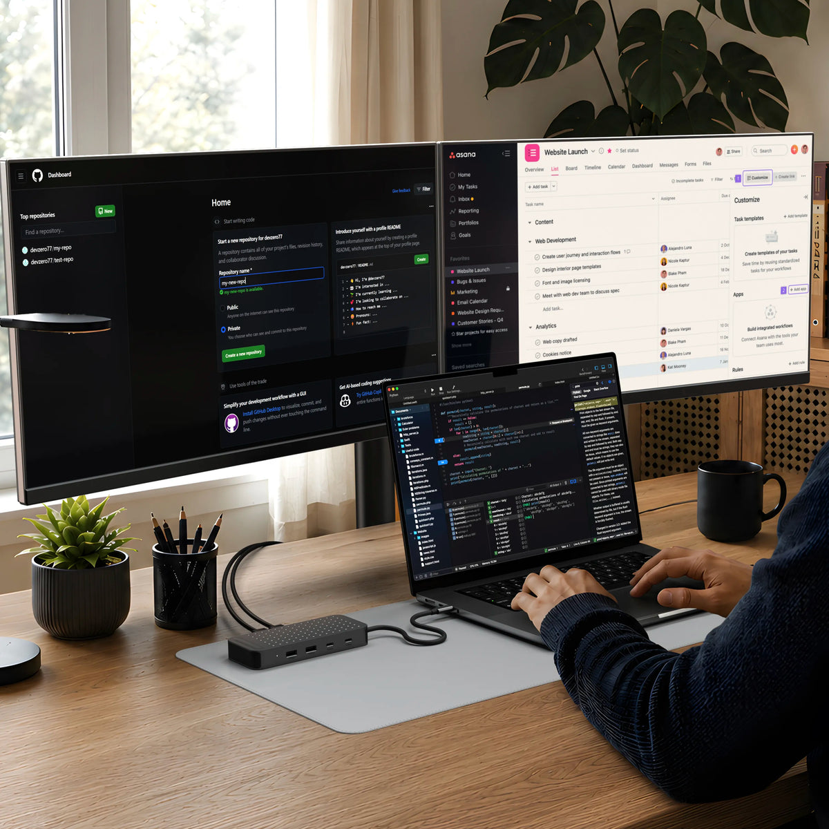 ExtendView USB4 hub connecting a MacBook Pro to two extended monitors in a dual monitor setup on a wood desk.