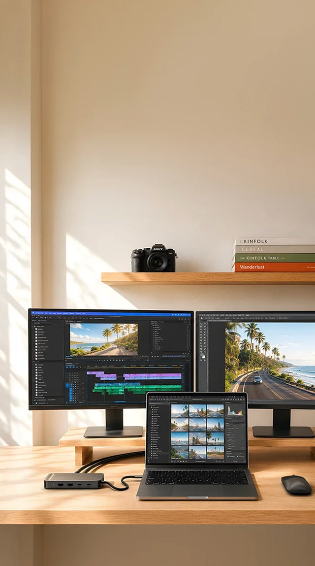 Satechi ExtendView USB4 Dual HDMI Multiport Adapter powering a MacBook dual monitor setup on a wood desk in warm afternoon light. The Space Black USB4 hub connects to a MacBook Pro with its USB-C host cable and drives two 4K extended displays over HDMI. One monitor shows a video editing timeline and the other shows a photo edit of a coastal highway lined with palm trees. A floating shelf above holds camera and books. 