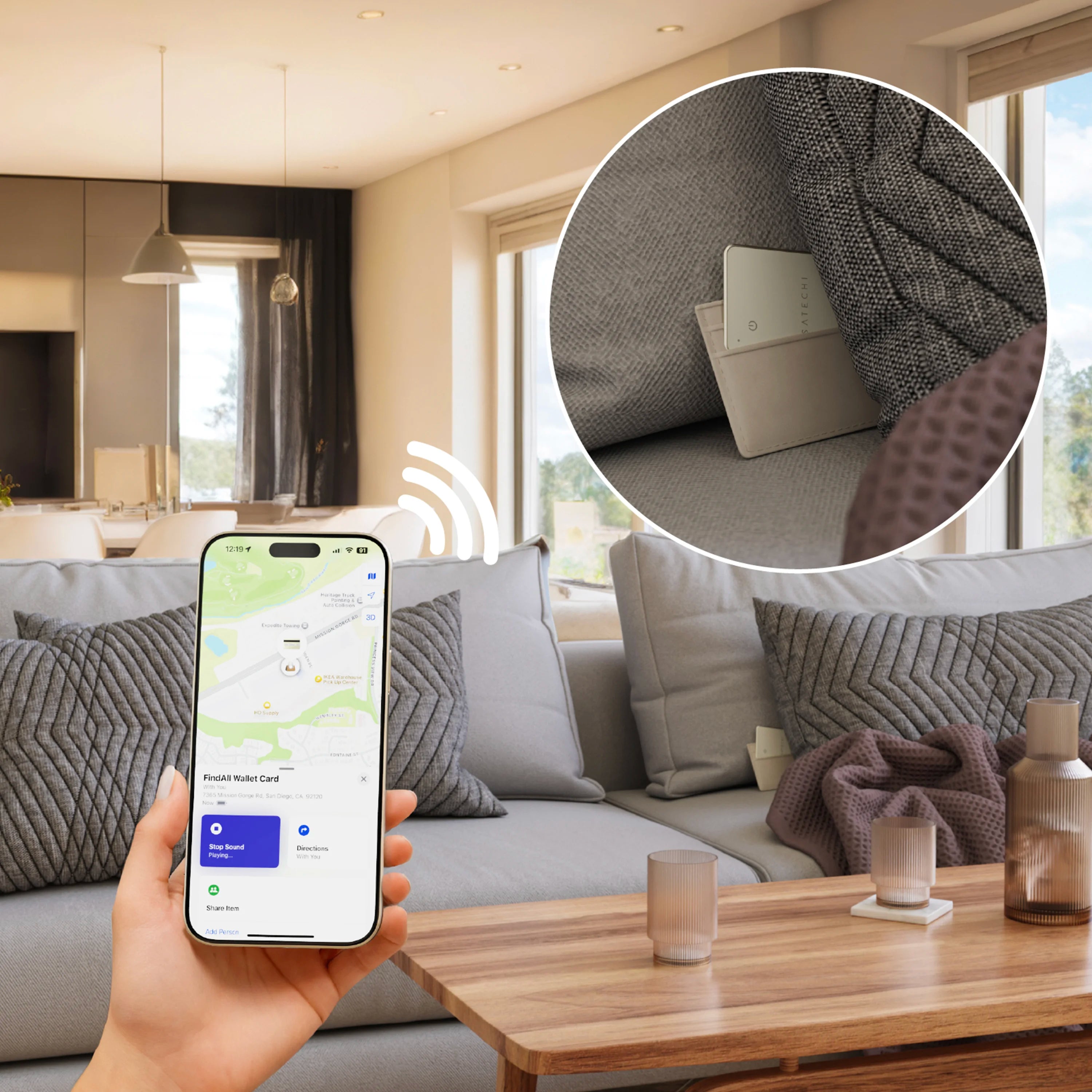 Person holding an iPhone with FindMy app on it, tracking a sand FindAll™ Card
hiding in the sofa in a living room.