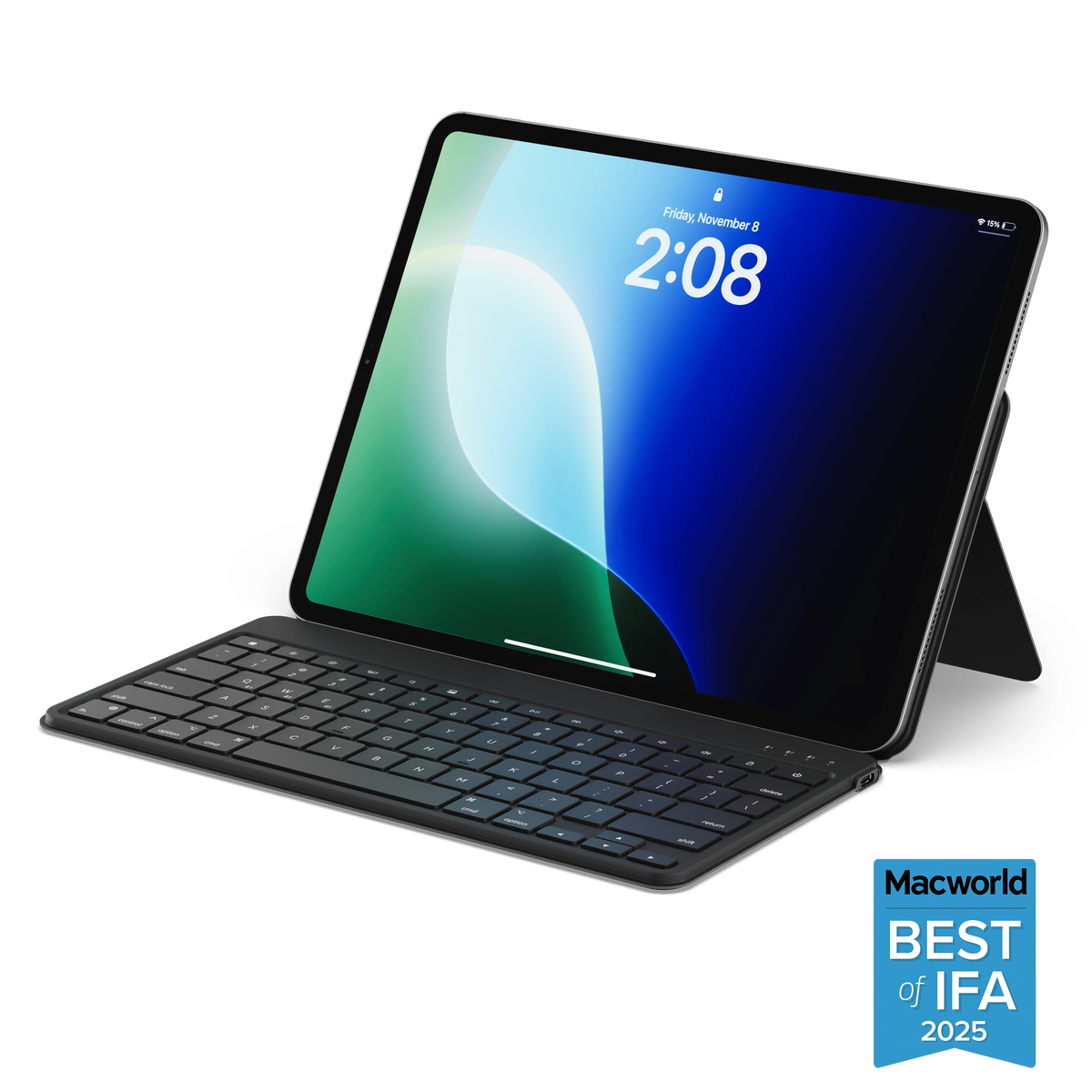 Satechi OntheGo Bluetooth Keyboard with Stand in Black, holding an iPad. Macworld's Best of IFA 2025 badge is in the right corner.