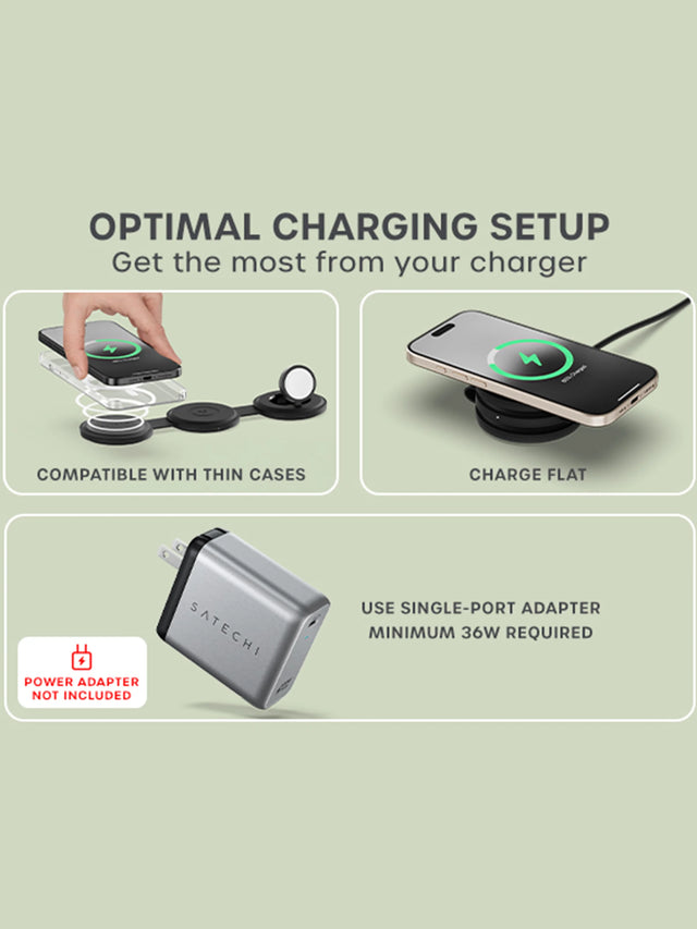  Satechi OntheGo™ 3-in-1 Charger illustrating optimal charging setup, thin phone case compatibility up to 3mm, and single‑port 30W power adapter requirement. Power Adapter not included. 