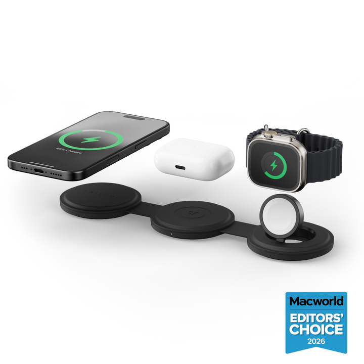 Satechi OntheGo™ 3-in-1 Charger in Black  with iPhone, AirPods, and Apple Watch levitating above. Macworld's Editors' Choices 2026 Award in right corner.