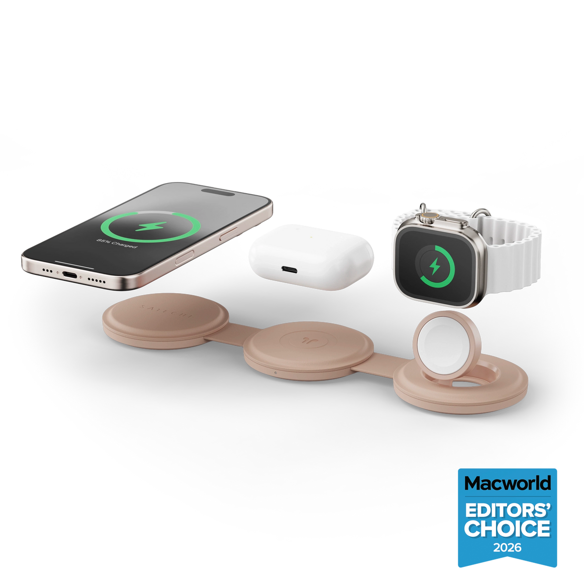 Satechi OntheGo™ 3-in-1 Charger in Desert Rose with iPhone, AirPods, and Apple Watch levitating above. Macworld's Editors' Choices 2026 Award in right corner.