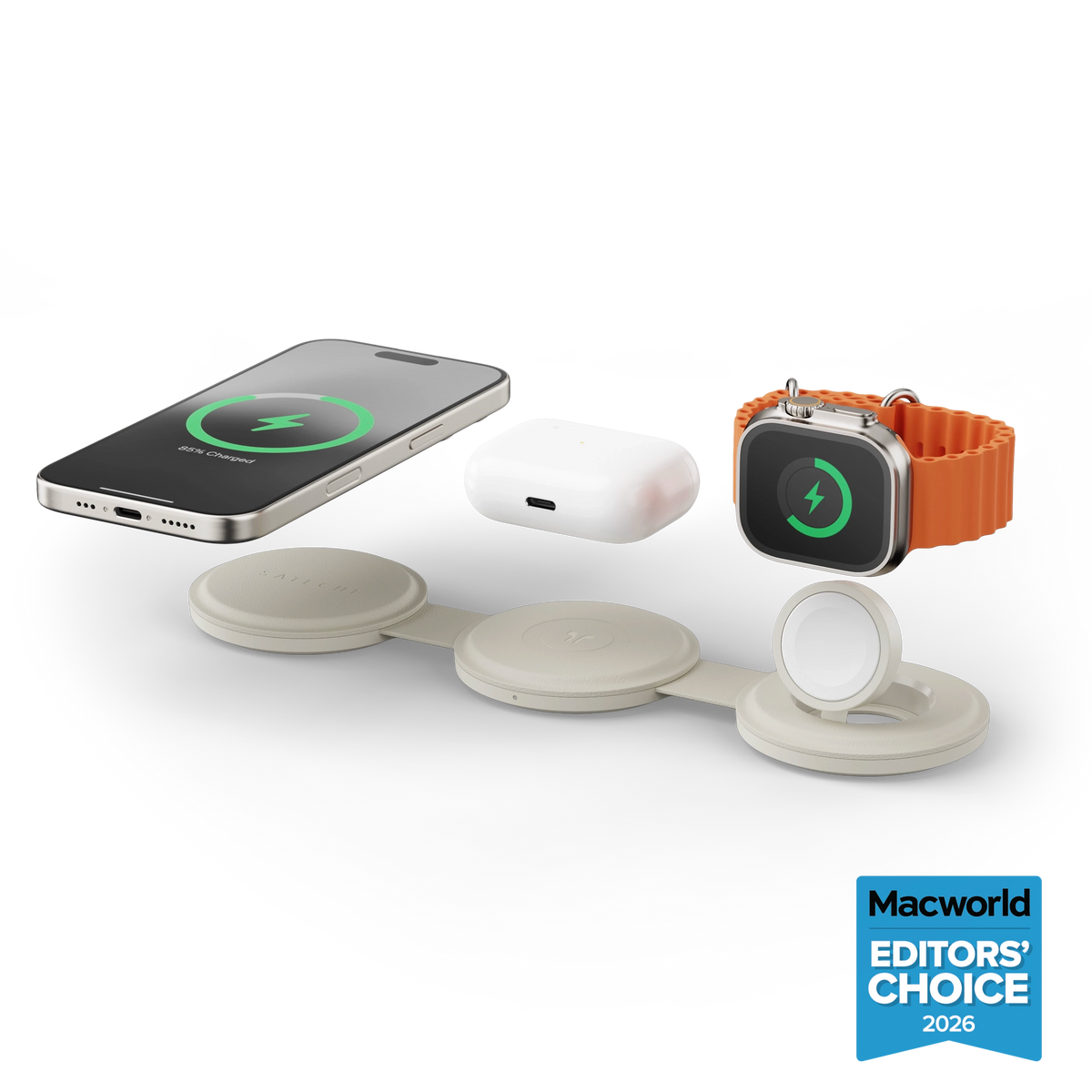 Satechi OntheGo™ 3-in-1 Charger in Sand with iPhone, AirPods, and Apple Watch levitating above. Macworld's Editors' Choices 2026 Award in right corner.