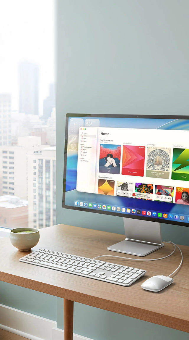 Slim LX3 Wired Keyboard and Slim LX Wired Mouse displayed on a modern wood desk setup with a widescreen monitor, showing a clean and minimalist workspace ideal for productivity. The ultra‑slim wired keyboard and mouse are positioned neatly beside a ceramic coffee cup and stacked books, highlighting a contemporary home office featuring natural light and desktop accessories.