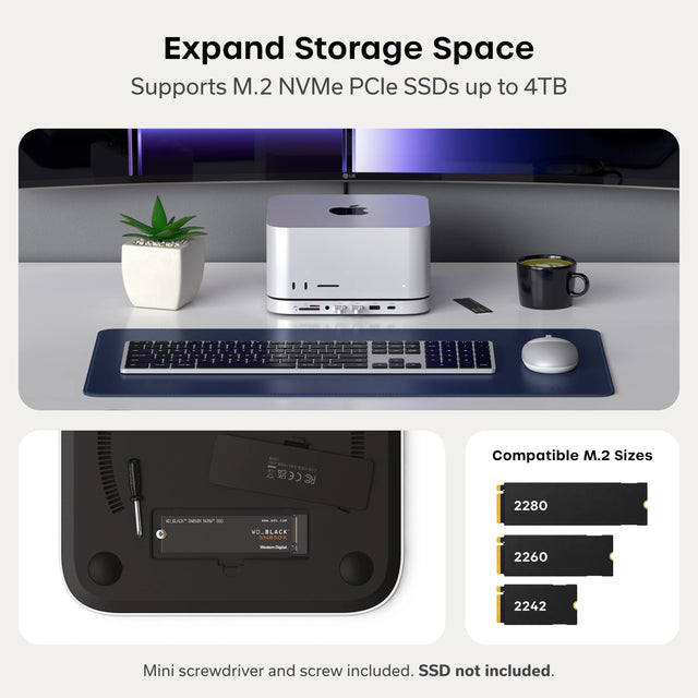 “Expand Storage Space. Supports M.2 NVMe PCIe SSDs up to 4TB.” A silver Mac Studio on the Satechi Stand & Hub For Mac Studio M5 With NVMe SSD Enclosure in a desk setup. Below, the underside of the stand is open, showing a WD_BLACK SN850X NVMe SSD from Western Digital installed in the built-in Mac Studio SSD enclosure, next to a mini screwdriver. “Compatible M.2 Sizes”: 2280, 2260, 2242. “Mini screwdriver and screw included. SSD not included.”