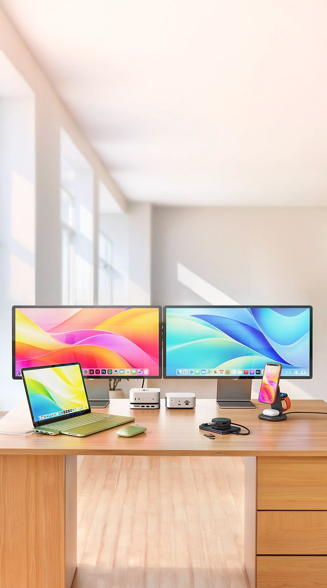 Bright home office desk with dual monitors and Satechi accessories: the USB-C Snap Hub in Citrus on a citrus MacBook Neo, the Mac Mini M6/M5 Pro/M4 Stand & Hub with SSD Enclosure, the OntheGo™ 5-in-1 Multiport Adapter in Indigo on an iPhone Duo, and the 3-in-1 Foldable Wireless Charging Stand with Qi2 25W.