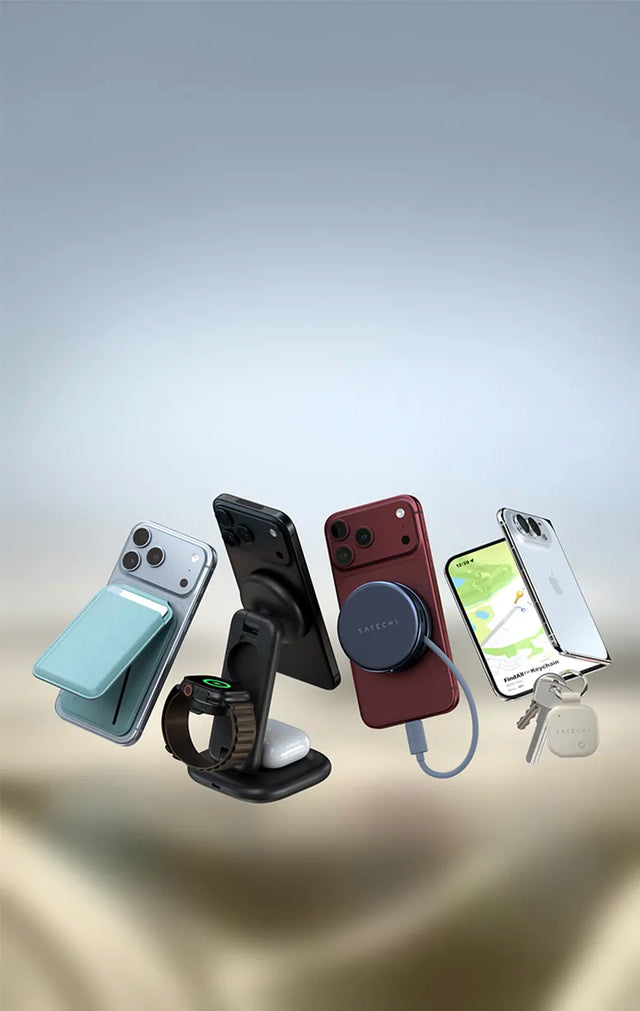 Satechi accessories for iPhone 18 Pro Max and iPhone Duo, shown floating against a soft blue and gold gradient: a light blue Vegan-Leather Magnetic Wallet Stand holding cards on the back of a Glacier iPhone; 3-in-1 Foldable Wireless Charging Stand with Qi2 25W holding an iPhone upright with an Apple Watch and AirPods case charging below it; an Indigo OntheGo 5-in-1 Multiport Adapter docked to the back of a Burgandy iPhone 18 Pro Max, Vegan-Leather FindAll Keychain matching iPhone Duo in Star White.