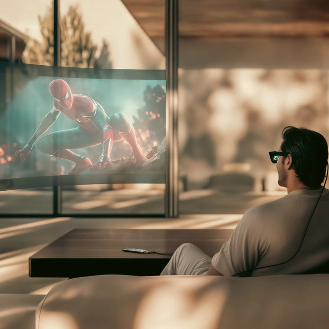 Persoană care urmărește un film de eroi de acțiune cu ochelari XR, alimentat de Mobile XR Hub cu cititor microSD într-un cadru interior modern
