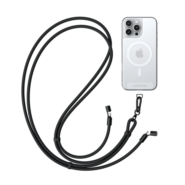 Satechi OntheGo USB-C Lanyard Cable in Black attached to an iPhone in a clear case