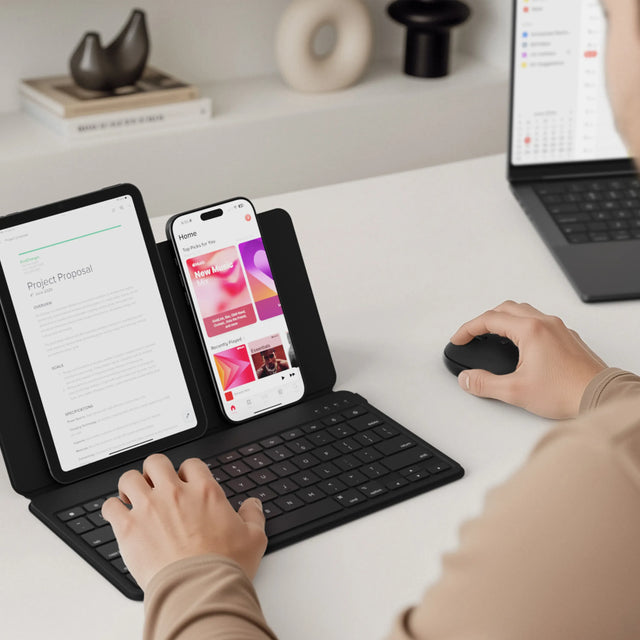 Човек, използващ Bluetooth клавиатура и стойка OntheGo™ и Bluetooth мишка OntheGo™ с таблета и iPhone на бюрото си.