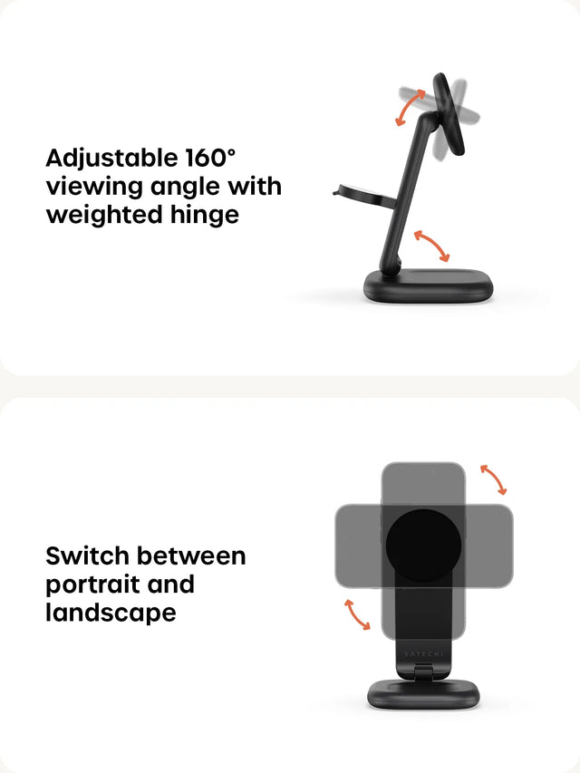 Satechi 3‑in‑1 Foldable Wireless Charging Stand with Qi2 25W showing adjustable 160‑degree viewing angle and ability to switch between portrait and landscape phone orientation.