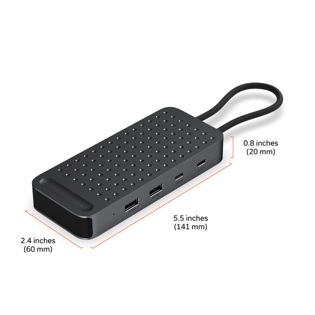 ExtendView USB4 Dual HDMI Multiport Adapter dimensions: 5.5 inches (141 mm) long, 2.4 inches (60 mm) wide, 0.8 inches (20 mm) tall, shown with its braided host cable.