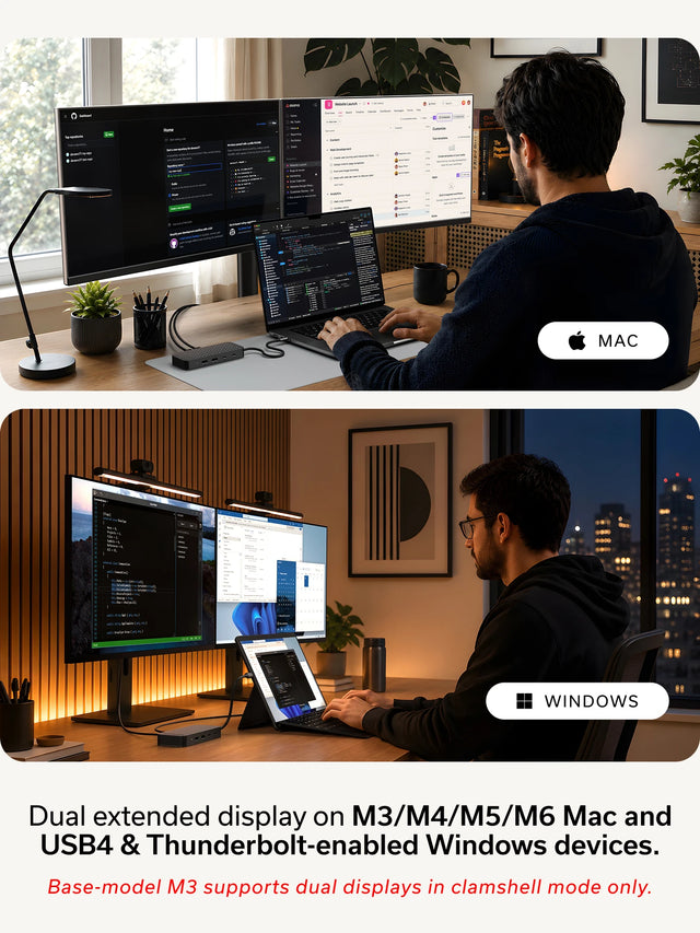 Mac: the Satechi ExtendView USB4 Dual HDMI Multiport Adapter powers a dual monitor setup from a MacBook Pro, with a coding project open across both extended displays. Windows: the same adapter runs two extended monitors from a Windows tablet laptop at a desk at night. Dual extended display on M3/M4/M5/M6 Mac and USB4 & Thunderbolt-enabled Windows devices. Base-model M3 supports dual displays in clamshell mode only.