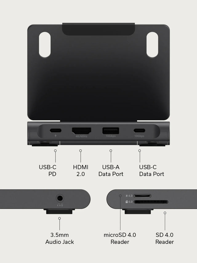 Front, left, and right side views of the Satechi OntheGo™ Foldable Stand Hub showing its ports, including USB‑C PD, HDMI 2.0, USB‑A data ports, USB‑C data port, 3.5mm audio jack, microSD 4.0 reader, and SD 4.0 reader.