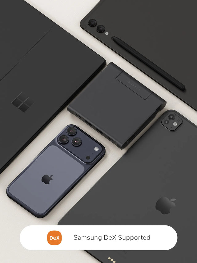 Top‑down arrangement of multiple devices—including an iPad, smartphone, and laptops—surrounding the folded Satechi OntheGo™ Foldable Stand Hub, with a label noting Samsung DeX support.