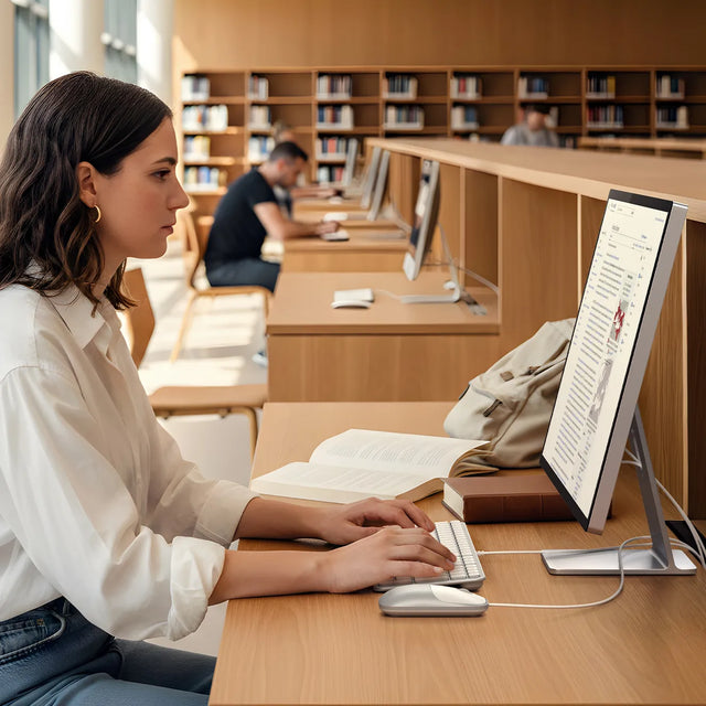 Woman working on a computer with Slim LX3 Wired Keyboard and Slim LX Wired Mouse in a library setting.