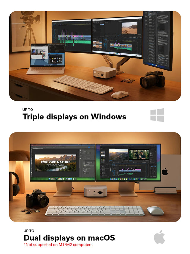 Two desk setups with the Thunderbolt 5 CubeDock™ with SSD Enclosure, 
each showing multiple displays on a desk. Up to triple displays on Windows, and up to dual displays on macOS, not supported on M1/ M2 computers.