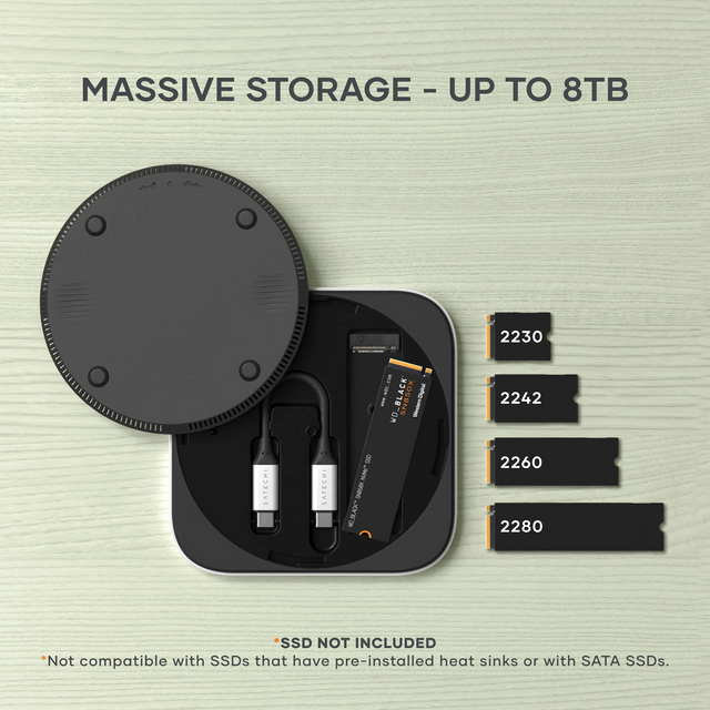 Satechi USB4 Slim NVMe SSD Enclosure shown open on a light wood surface, displaying internal storage slots and cables. On the right, supported NVMe sizes are labeled: 2230, 2242, 2260, and 2280. Text at the top reads ‘MASSIVE STORAGE – UP TO 8TB.’ Text at the bottom reads ‘*SSD NOT INCLUDED’ and ‘Not compatible with SSDs that have pre-installed heat sinks or with SATA SSDs.’