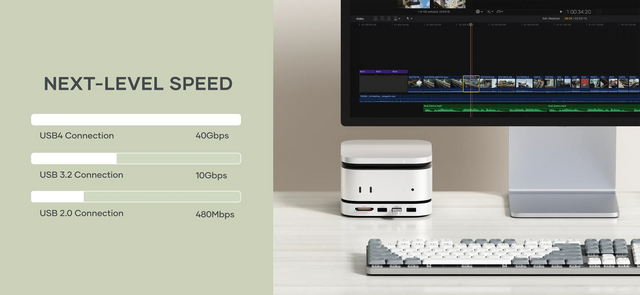 Satechi USB4 Slim NVMe SSD Enclosure displayed beside a desktop monitor and keyboard, highlighting high‑speed performance for fast data transfer. Text on the image reads: ‘NEXT‑LEVEL SPEED.’ Underneath, speed comparisons list: ‘USB4 Connection – 40Gbps,’ ‘USB 3.2 Connection – 10Gbps,’ and ‘USB 2.0 Connection – 480Mbps.’ The monitor shows a video editing timeline, emphasizing support for large files and demanding workflows.