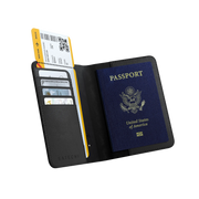 Satechi Vegan-Leather FindAll Passport Cover in Black, open with a US passport, boarding pass and cards