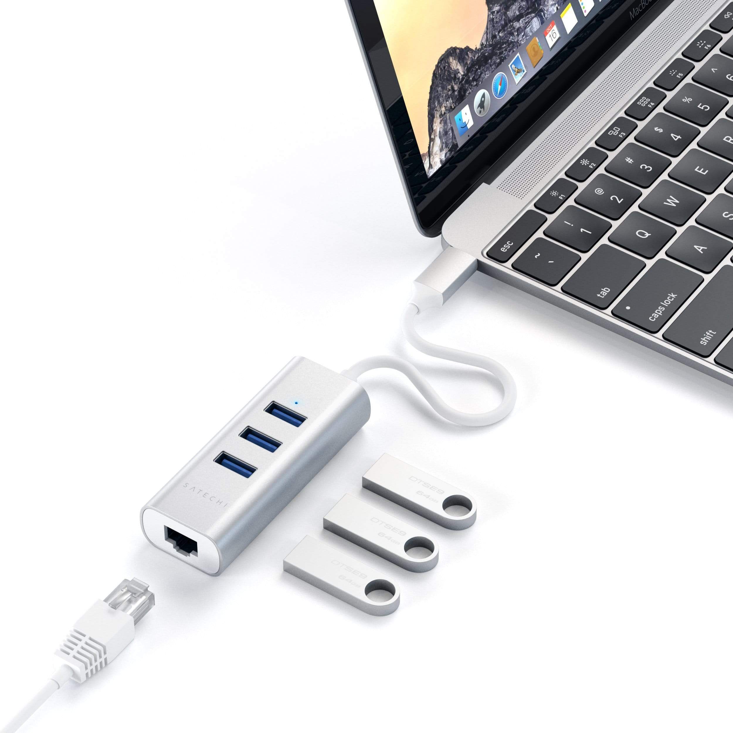 Type-C 2-in-1 USB 3.0 Aluminum 3 Port Hub and Ethernet Port USB-C Satechi Silver